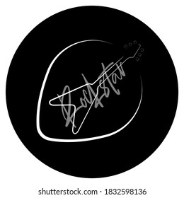 Vector white guitar and pick logo. Guitar logo for music shop or school. Musical logo on black background.