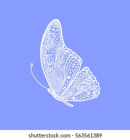 Vector white hand drawing butterfly. Illustration of butterfly in doodle, zentangle style.