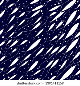 Vector white hand drawn doodle school of fish silhouette seamless pattern on navy blue background. Great for fabric, scrapbooking, web, paper products.