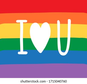 Vector white hand drawn doodle sketch I love you lgbt lettering heart isolated on rainbow flag background
