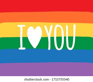 Vector white hand drawn doodle sketch I love you lgbt lettering isolated on rainbow flag background