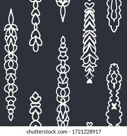 Vector White Hand Drawn Folklore Ornament Lineart on Dark Gray seamless pattern background.