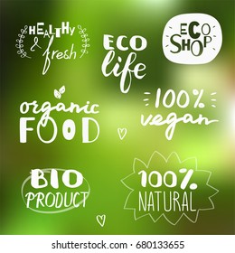 Vector white hand drawn set of vegan and natural labels. Ecological and organic food.