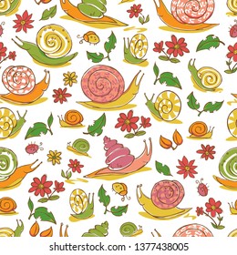 Vector white hand drawn snails and flowers repeat pattern. Suitable for gift wrap, textile and wallpaper. Surface pattern design.