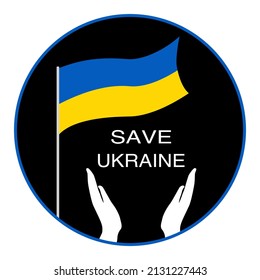 Vector - White hand people praying for Save Ukraine with flag on black circle background. Pray, Hope, Peaceful, Anti war concept. 