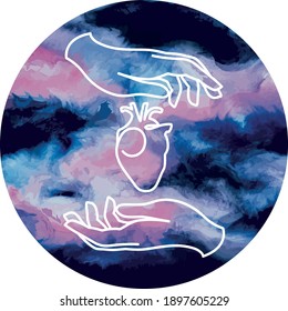 Vector White Hands Holding Heart Lineart en el fondo Galaxy fondo de patrón sin fisuras. Perfecto para proyectos de tela, papel pintado y scrapbooking.