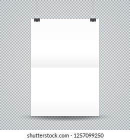 vector white hanging paper clip mock up blank poster with fold realistic illustration with shadow template design isolated on transparent background
