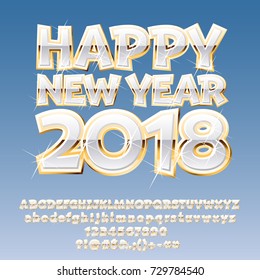 Vector white Happy New Year 2018 greeting card with set of letters, symbols and numbers.  Royal Font contains Graphic Style