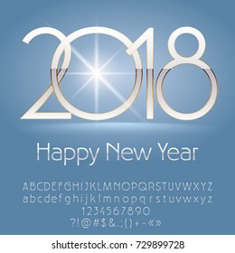 Vector white Happy New Year 2018 greeting card with Alphabet set of Letters, Symbols and Numbers. Unique Font contains Graphic Style