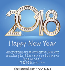 Vektor weiße Happy New Year 2018 Grußkarte mit Alphabet Satz von Buchstaben, Symbole und Zahlen. Magische Schriftart enthält Grafikstil