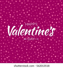 Vector White Happy Valentines Day Lettering with arrow and seamless pattern with pink small hearts on bright violet background. Design for Wedding Invitation Card. Vector illustration EPS10