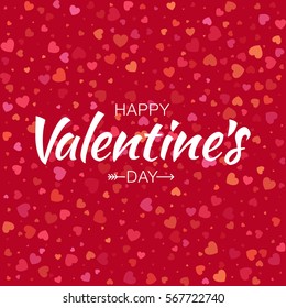 Vector White Happy Valentines Day Lettering with arrow and pattern with colorful small light hearts  on bright red background.  Design for Wedding Invitation Card. Vector illustration EPS10
