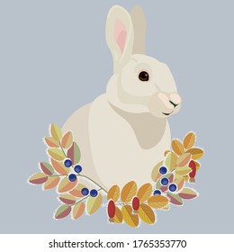 Vector white hare with a wreath of blueberries and rose hips covered with hoarfrost.
