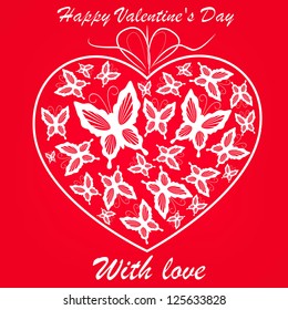 vector white heart with butterflies on red background