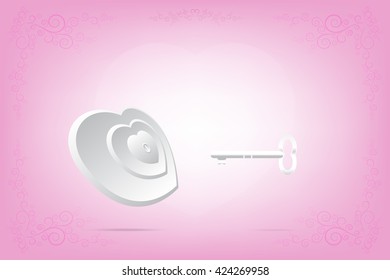 vector white heart and key on pink vintage background for postcard card.