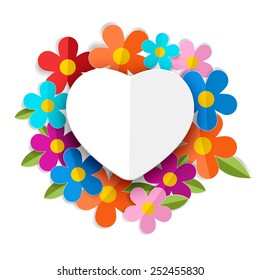 Vector white heart on the color flowers. Valentines day background.
