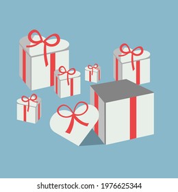 Vector of white heart shaped box with red ribbon and open box on blue background. Open gift box, prize, reward. Used for Happy Valentine's Day, Mothers Day, Women's Day, Christmas Day, Birthday.