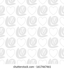 Vector White Hearts and Gray Abstract Love Text on White Background Seamless Repeat Pattern. Background for textiles, cards, manufacturing, wallpapers, print, gift wrap and scrapbooking.