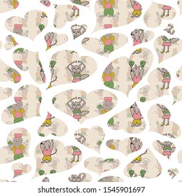 Vector white hearts vertical colorful anthropomorphic cartoon characters seamless pattern background