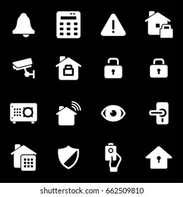 Vector white home security icons set on black background