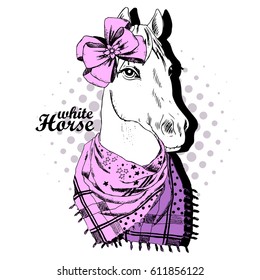 Vector white horse with bow. Hand drawn illustration of dressed horse.