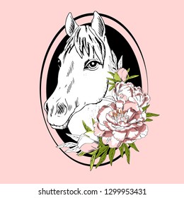 Vector white horse with flower. Hand drawn illustration of animal. 4