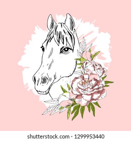 Vector white horse with flower. Hand drawn illustration of animal. 3