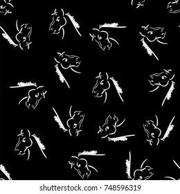 Vector White Horse Head Seamless Pattern on Black Background