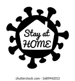 Vector white house and black Stay home. stay at house Icon for self quarantine. Silhouette of virus isolated on white background