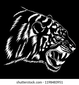 Vector white images of a tiger on a black background.