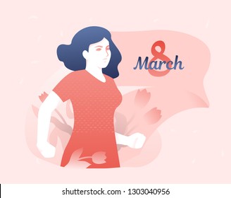 Vector white independent woman, March 8 words, flag and tulips over pink background. Modern flat design concept for March 8 celebrations.