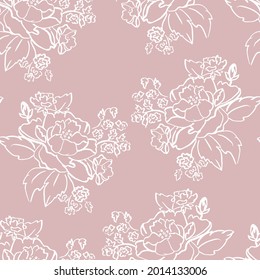 Vector White Ink Brushed Roses on Old Rose Pink seamless pattern background. Perfect for fabric, wallpaper and scrapbooking projects.