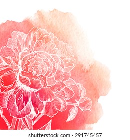 Vector White Ink Drawn Peony On Red Watercolor Background