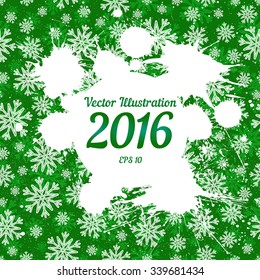 Vector white ink splashes with space for text over green snowflakes background. Element for your Christmas designs, projects, promotional sales and other your projects. Just add your text