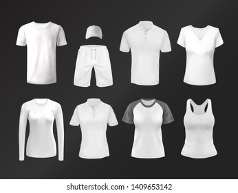 Vector white isolated clothing. Blank wear or clear, empty apparel for mockup. Background or template for clothing print.
