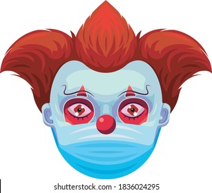 Vector white isolated spooky clown in safety breathing mask character illustration. Cartoon joker in medical mask on pandemic halloween 2020. Trick or treat costume design with coronavirus protection 