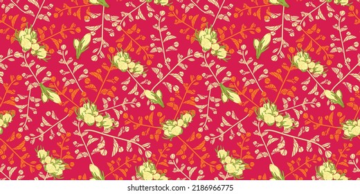 Vector white jasmine flowers twigs ditsy on vibrant shocking pink modern seamless pattern. Great for girly fashion fabric print, textile, clothing, packaging projects, wallpapers and more