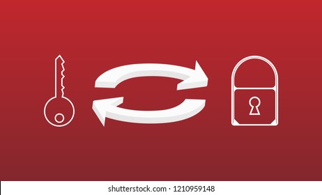 Vector white key and lock interaction concept with pointers between them on red background