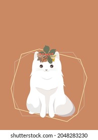 vector white kitten with a wreath of leaves. flat image of a cat with a wreath on its head. autumn card with animal