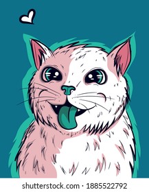 Vector of white kitty vibing with its green tongue out. Cat with big anime eyes and psychedelic look.