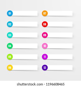 Vector White Label, Banner, Stripes Set Elements With Colorful Number 1 to 12