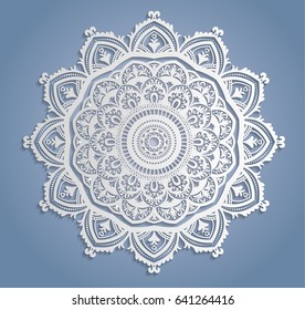 Vector white lace decoration, round lacy doily, cutout paper circle ornament