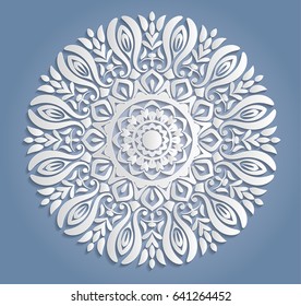 Vector white lace decoration, round lacy doily, cutout paper circle ornament