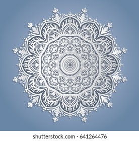 Vector white lace decoration, round lacy doily, cutout paper circle ornament