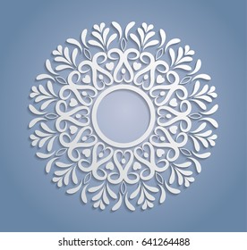 Vector white lace decoration, round lacy doily, cutout paper circle ornament