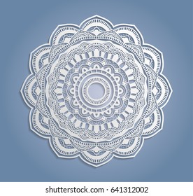 Vector white lace decoration, round lacy doily, cutout paper circle ornament
