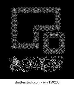 vector white lace pattern template with butterflies on black background