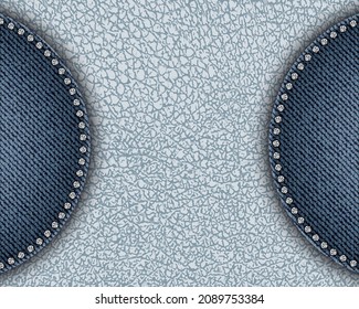 Vector white leather banner with round denim patches containing silver sequins along border.