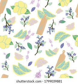 Vector white lemon blueberries seamless pattern background.  Perfect for fabric, scrapbooking, wallpaper projects.