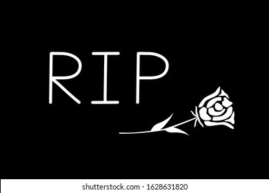 Vector - White letter RIP and symbol rose on black background. Simple style. End of life. Can be use for banner, card. Copy space.
